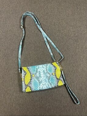 Caroline Hill Bright Blue Green Yellow Snake Print Crossbody Clutch Purse